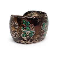 1970s Native American Navajo Turquoise Mosaic Chip Inlay Sterling Silver Cuff Bracelet
