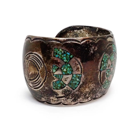 1970s Native American Navajo Turquoise Mosaic Chip Inlay Sterling Silver Cuff Bracelet