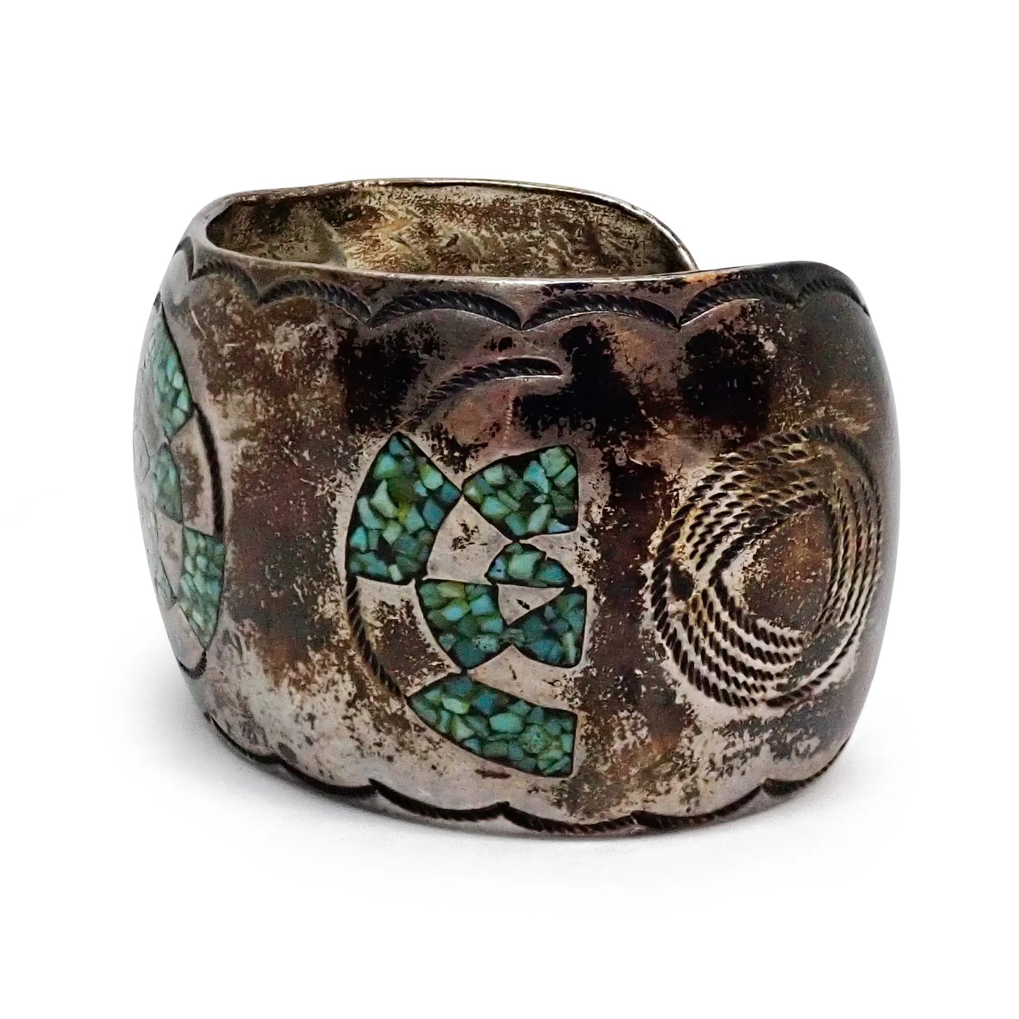 1970s Native American Navajo Turquoise Mosaic Chip Inlay Sterling Silver Cuff Bracelet