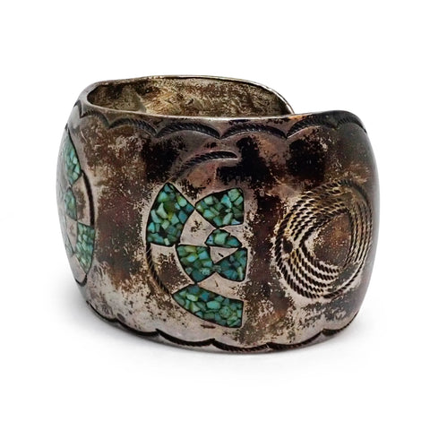 1970s Native American Navajo Turquoise Mosaic Chip Inlay Sterling Silver Cuff Bracelet