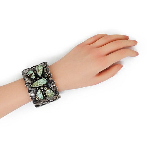 NANCY CUSTER Navajo Turquoise Cluster Butterfly Stamped Sterling Silver Cuff Bracelet