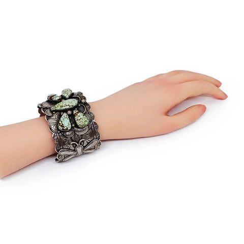 NANCY CUSTER Navajo Turquoise Cluster Butterfly Stamped Sterling Silver Cuff Bracelet