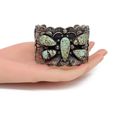 NANCY CUSTER Navajo Turquoise Cluster Butterfly Stamped Sterling Silver Cuff Bracelet