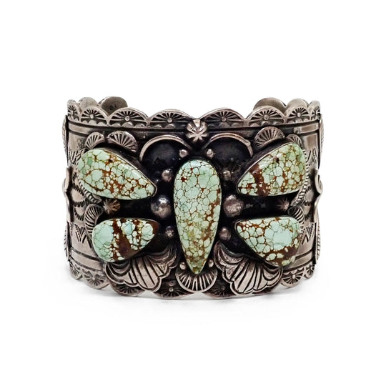 NANCY CUSTER Navajo Turquoise Cluster Butterfly Stamped Sterling Silver Cuff Bracelet