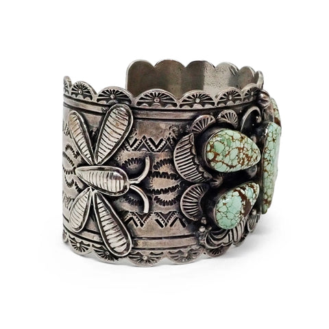 NANCY CUSTER Navajo Turquoise Cluster Butterfly Stamped Sterling Silver Cuff Bracelet