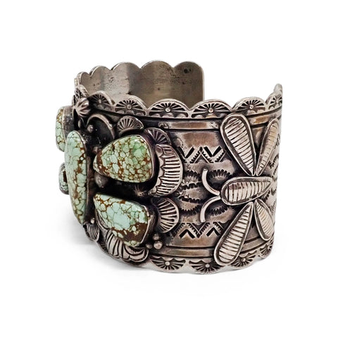 NANCY CUSTER Navajo Turquoise Cluster Butterfly Stamped Sterling Silver Cuff Bracelet