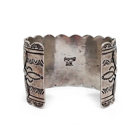 NANCY CUSTER Navajo Turquoise Cluster Butterfly Stamped Sterling Silver Cuff Bracelet