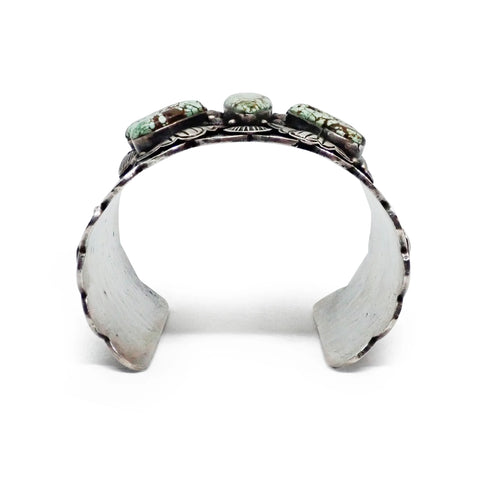 NANCY CUSTER Navajo Turquoise Cluster Butterfly Stamped Sterling Silver Cuff Bracelet
