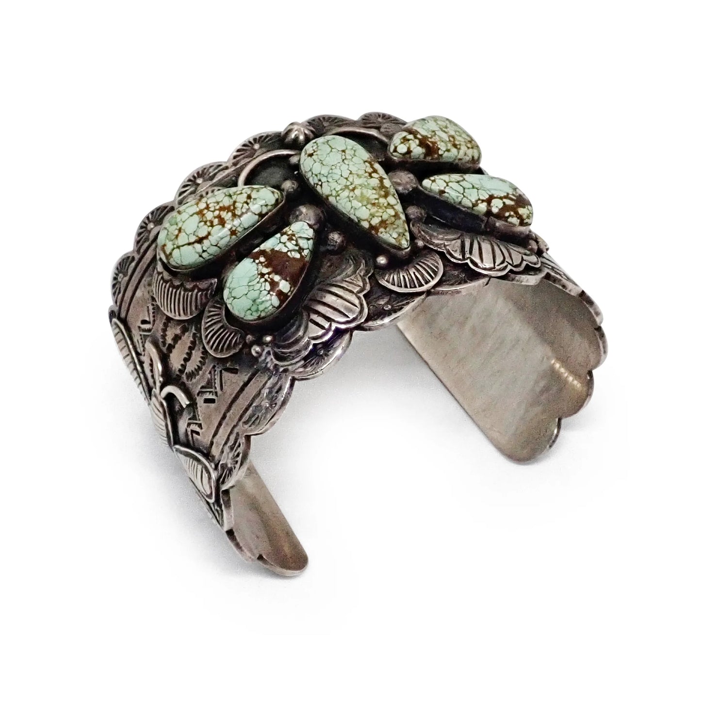 NANCY CUSTER Navajo Turquoise Cluster Butterfly Stamped Sterling Silver Cuff Bracelet