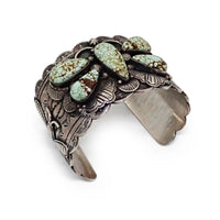 NANCY CUSTER Navajo Turquoise Cluster Butterfly Stamped Sterling Silver Cuff Bracelet