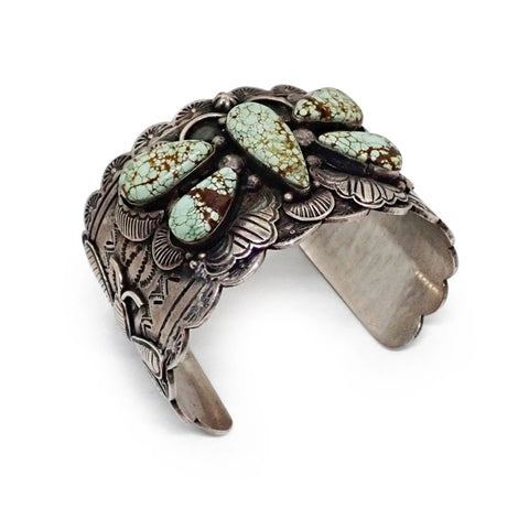 NANCY CUSTER Navajo Turquoise Cluster Butterfly Stamped Sterling Silver Cuff Bracelet
