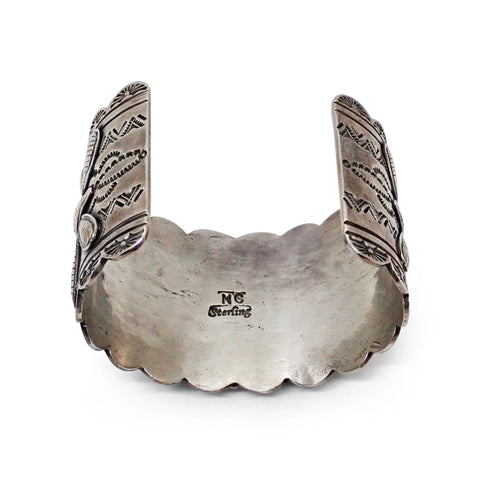 NANCY CUSTER Navajo Turquoise Cluster Butterfly Stamped Sterling Silver Cuff Bracelet
