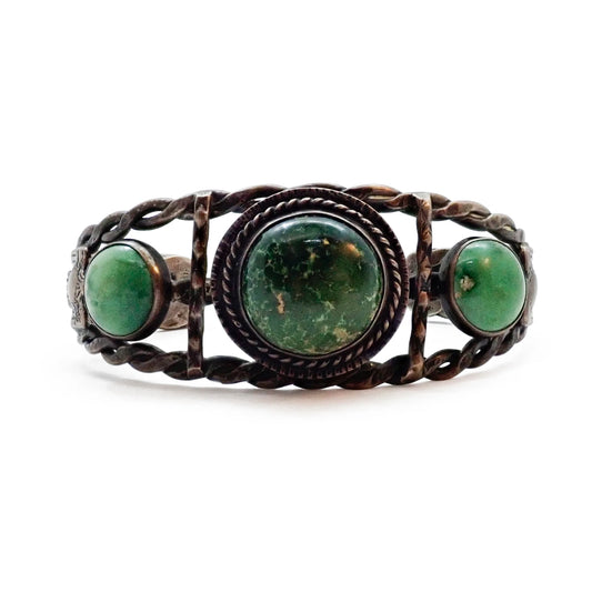 Vintage Boho-Chic Green Turquoise & Eagle Applique Twisted Wire Sterling Silver Cuff Bracelet