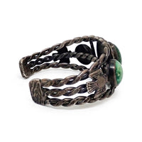 Vintage Boho-Chic Green Turquoise & Eagle Applique Twisted Wire Sterling Silver Cuff Bracelet