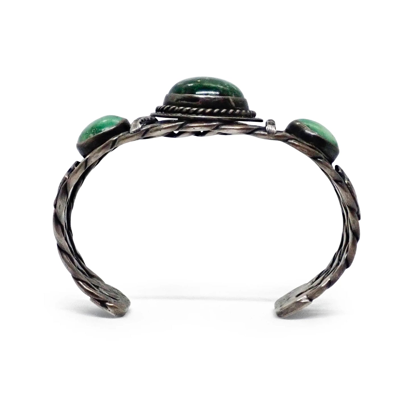 Vintage Boho-Chic Green Turquoise & Eagle Applique Twisted Wire Sterling Silver Cuff Bracelet