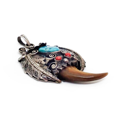 Native American Navajo Turquoise Corals & Bear Claw Sterling Silver Pendant