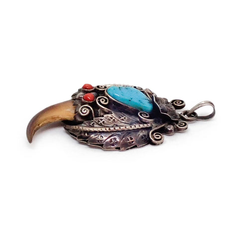 Native American Navajo Turquoise Corals & Bear Claw Sterling Silver Pendant