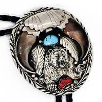 Native American Navajo Bear Claw Turquoise & Coral Sand Cast Bear Sterling Silver Bolo Tie by SAM