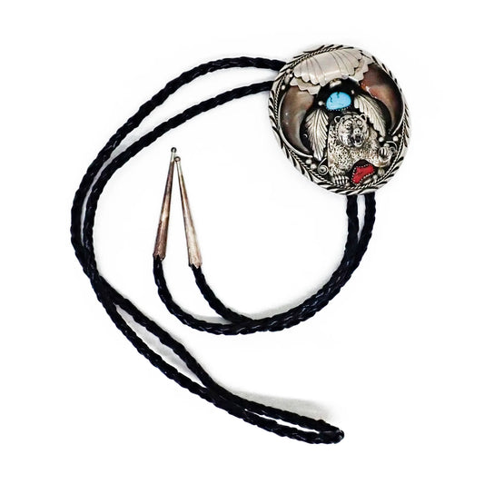 Native American Navajo Bear Claw Turquoise & Coral Sand Cast Bear Sterling Silver Bolo Tie by SAM