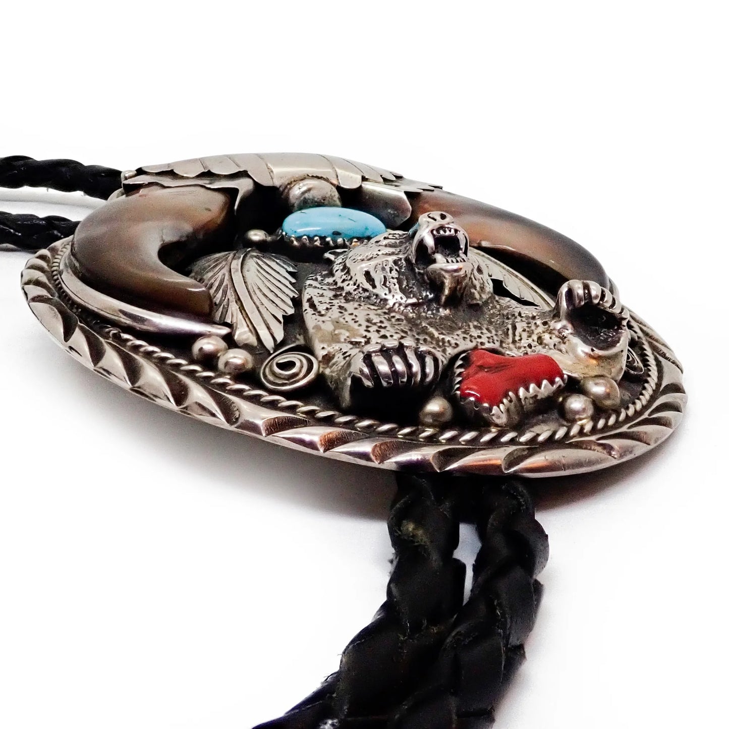 Native American Navajo Bear Claw Turquoise & Coral Sand Cast Bear Sterling Silver Bolo Tie by SAM