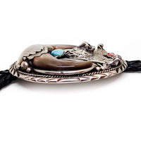 Native American Navajo Bear Claw Turquoise & Coral Sand Cast Bear Sterling Silver Bolo Tie by SAM