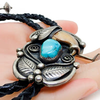 Native American Navajo Kingman Turquoise & Bear Claw Sterling Silver Bolo Tie