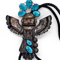 Vintage Southwestern Blue Gem Turquoise & Coral Eagle Dancer Sterling Silver Bolo Tie
