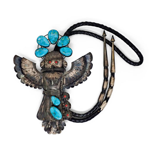 Vintage Southwestern Blue Gem Turquoise & Coral Eagle Dancer Sterling Silver Bolo Tie