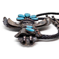 Vintage Southwestern Blue Gem Turquoise & Coral Eagle Dancer Sterling Silver Bolo Tie