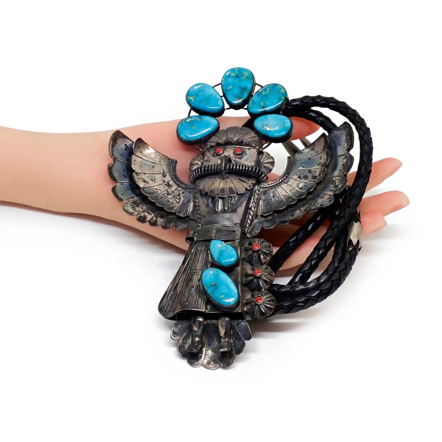 Vintage Southwestern Blue Gem Turquoise & Coral Eagle Dancer Sterling Silver Bolo Tie