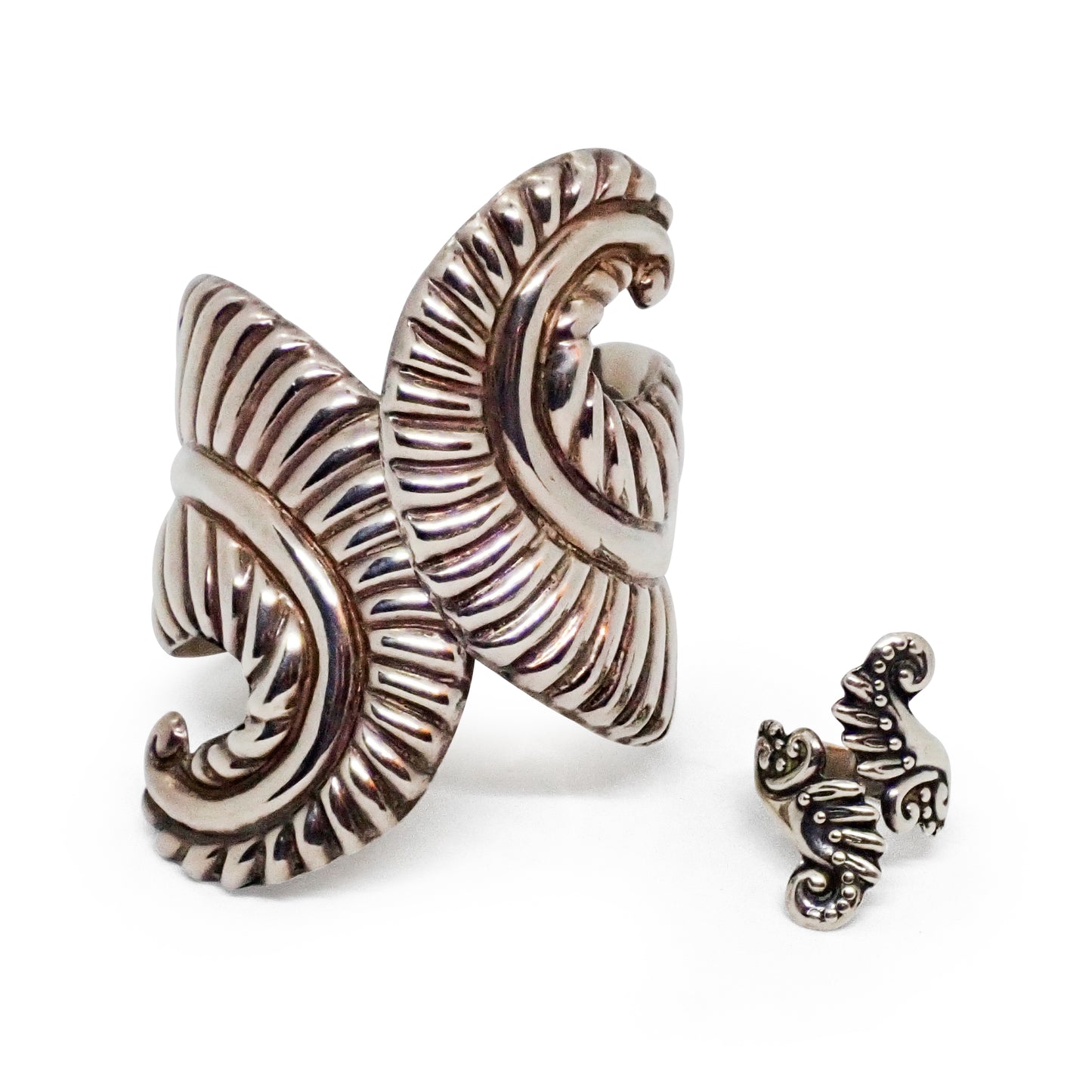 1950s TAXCO Sterling Silver Swirl Fern Motif Hinged Clamper Bracelet & Ring Set