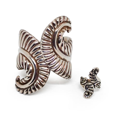 1950s TAXCO Sterling Silver Swirl Fern Motif Hinged Clamper Bracelet & Ring Set