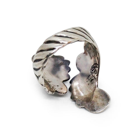 1950s TAXCO Sterling Silver Swirl Fern Motif Hinged Clamper Bracelet & Ring Set