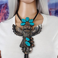 Vintage Southwestern Blue Gem Turquoise & Coral Eagle Dancer Sterling Silver Bolo Tie