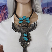 Vintage Southwestern Blue Gem Turquoise & Coral Eagle Dancer Sterling Silver Bolo Tie