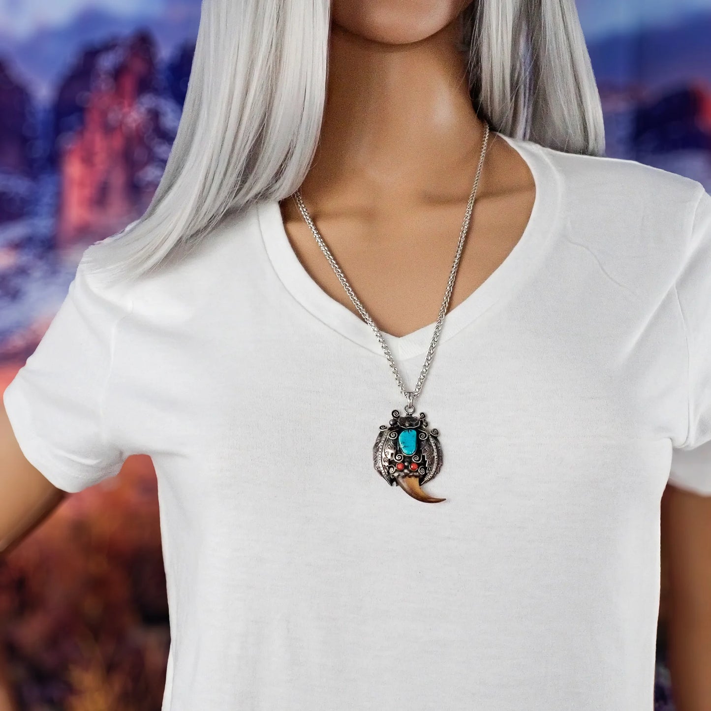 Native American Navajo Turquoise Corals & Bear Claw Sterling Silver Pendant
