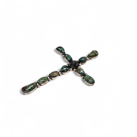 Large Native American Dark Green Turquoise Cluster Sterling Silver Cross Pendant by E.A.