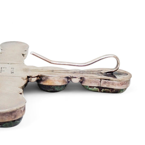 Large Native American Dark Green Turquoise Cluster Sterling Silver Cross Pendant by E.A.