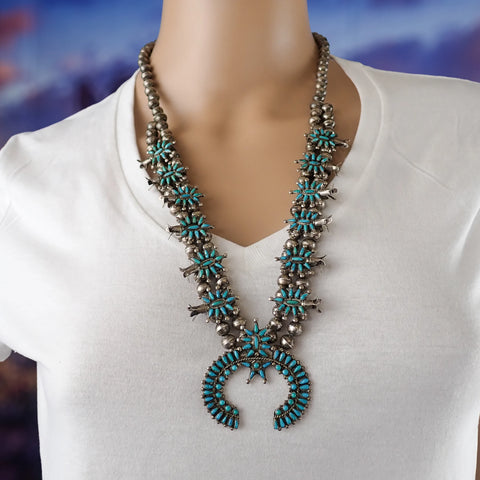 HOOEE 1960s Zuni Turquoise Petit Point Cluster Squash Blossom Sterling Silver Necklace