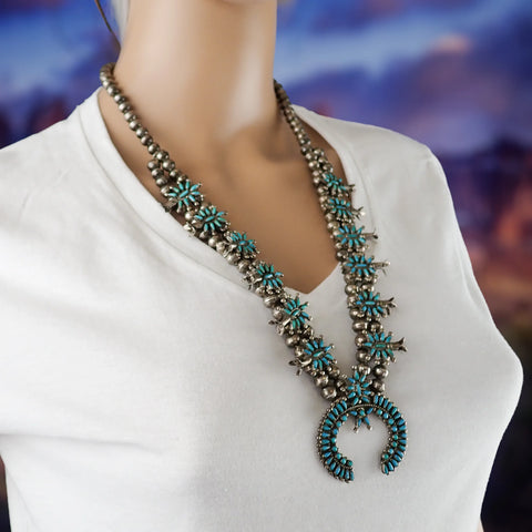 HOOEE 1960s Zuni Turquoise Petit Point Cluster Squash Blossom Sterling Silver Necklace