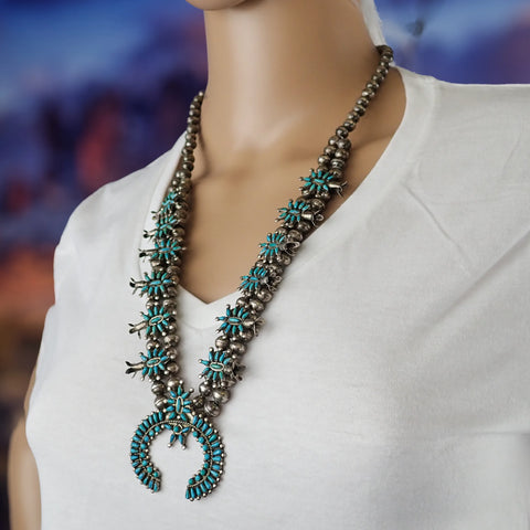 HOOEE 1960s Zuni Turquoise Petit Point Cluster Squash Blossom Sterling Silver Necklace