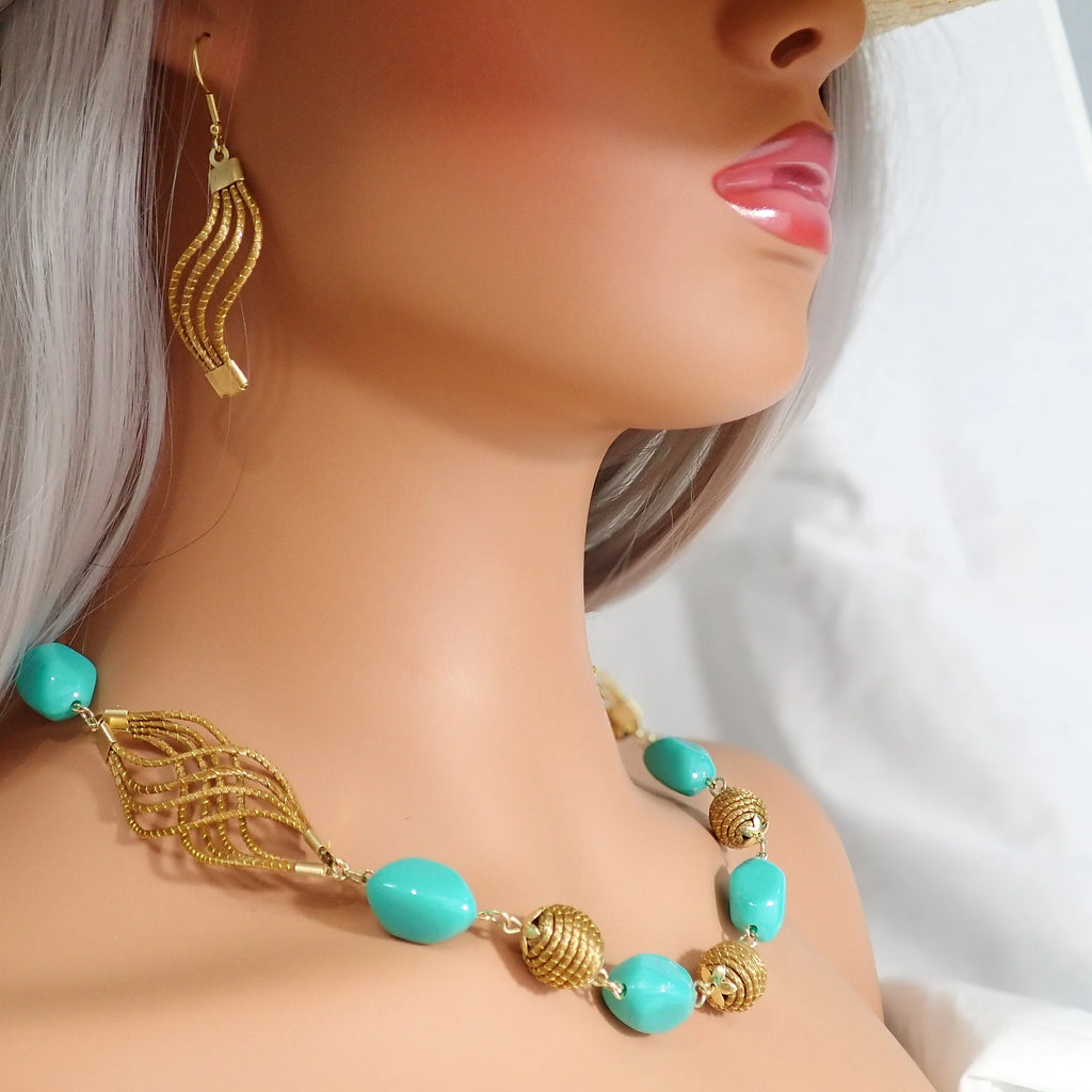 Eco-Friendly Handcrafted Golden Grass Recycle Turquoise Bead Necklace & Earrings Set