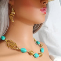 Eco-Friendly Handcrafted Golden Grass Recycle Turquoise Bead Necklace & Earrings Set