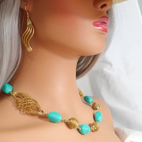 Eco-Friendly Handcrafted Golden Grass Recycle Turquoise Bead Necklace & Earrings Set