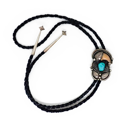 Native American Navajo Kingman Turquoise & Bear Claw Sterling Silver Bolo Tie