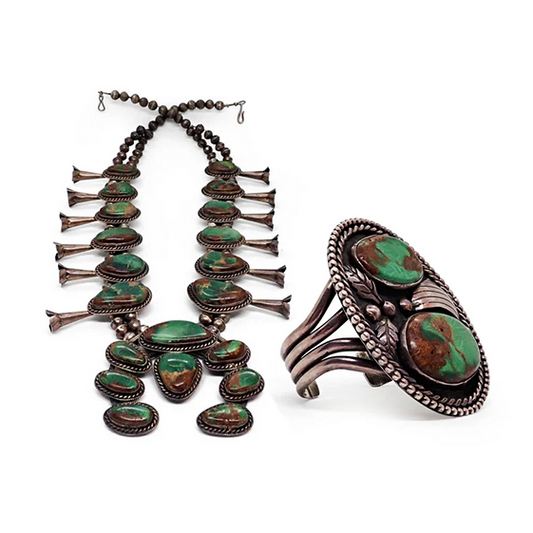 HARRISON 1970's Nevada Turquoise Squash Blossom Sterling Silver Necklace & Bracelet Set
